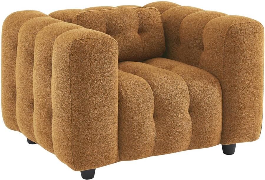Sweeek 1-zits fauteuil in boucléstof met eucalyptushout en multiplex onderstel