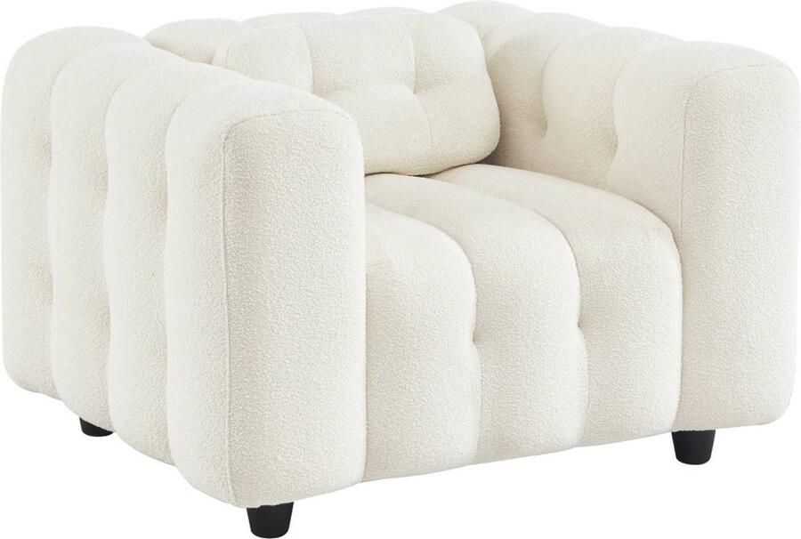 Sweeek 1-zits fauteuil in boucléstof met eucalyptushout en multiplex onderstel