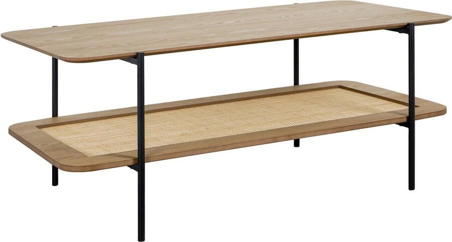 Sweeek Vintage salontafel van 110 cm met dubbele bladen in houtlook en vlechtwerk met een onderstel en structuur van zwart metaal