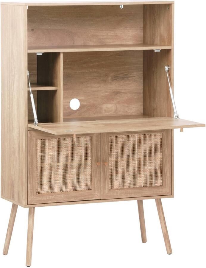 Sweeek 2-deurs schrijftafel met legplanken hout- en rotan effect dennenhouten poten