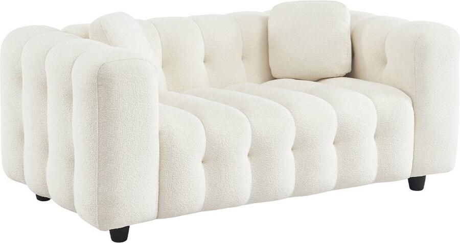 Sweeek 2-zitsbank in gestoffeerde bouclé met eucalyptushout en multiplex onderstel