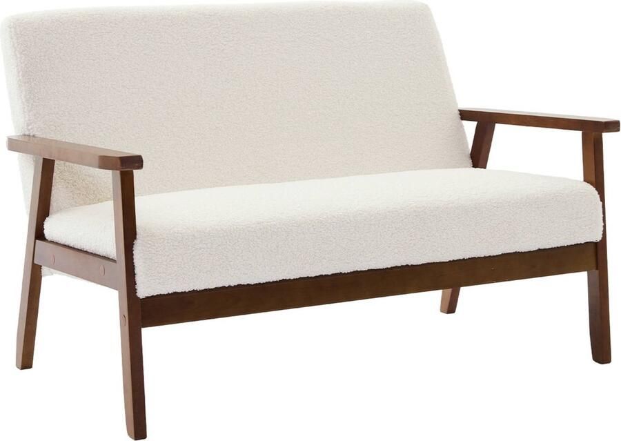 Sweeek 2-zitsbank in licht walnoot gebeitst hout en bouclette stof isak b 114 x d 69 5 x h 73cm