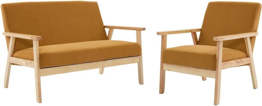 Sweeek Bank 2-zits + fauteuil corduroy houten poten.