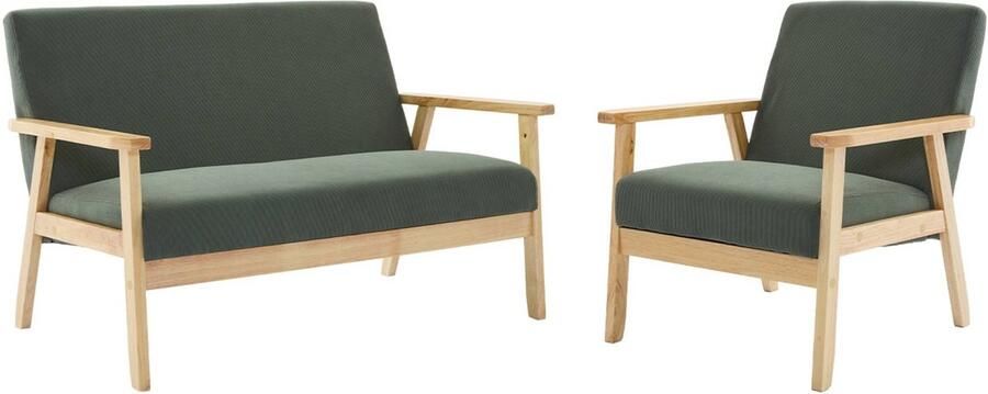 Sweeek Bank 2-zits + fauteuil corduroy houten poten.