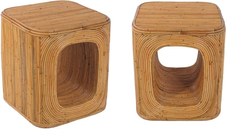 Sweeek Bijzettafel nachtkastje met vak in natuurlijk rotan kubusvormig met afgeronde hoeken b 45 x d 45 x h 50cm (set van 2)