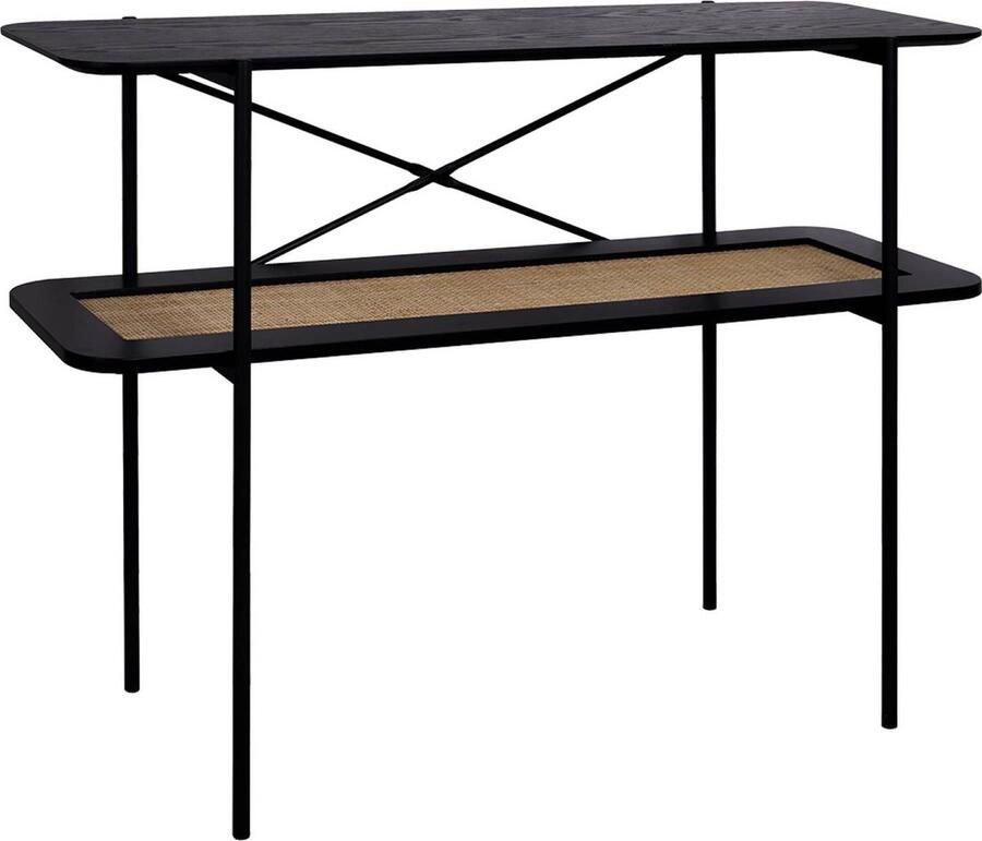 Sweeek Bijzettafel vintage 100 cm met dubbele tafelbladen in houteffect en vlechtwerk met een onderstel en structuur in zwart metaal