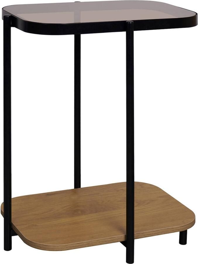 Sweeek Bijzettafel vintage in zwart metaal met 2 tafelbladen (glas en decor hout) met afgeronde randen