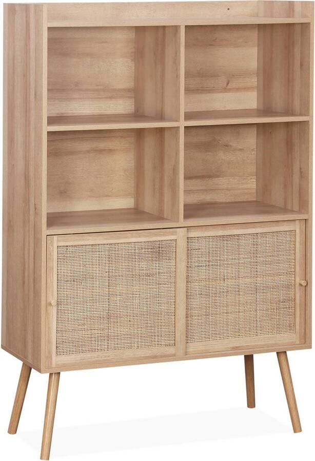 Sweeek Boekenkast met 5 planken 2 schuifdeuren hout- en rieteffect