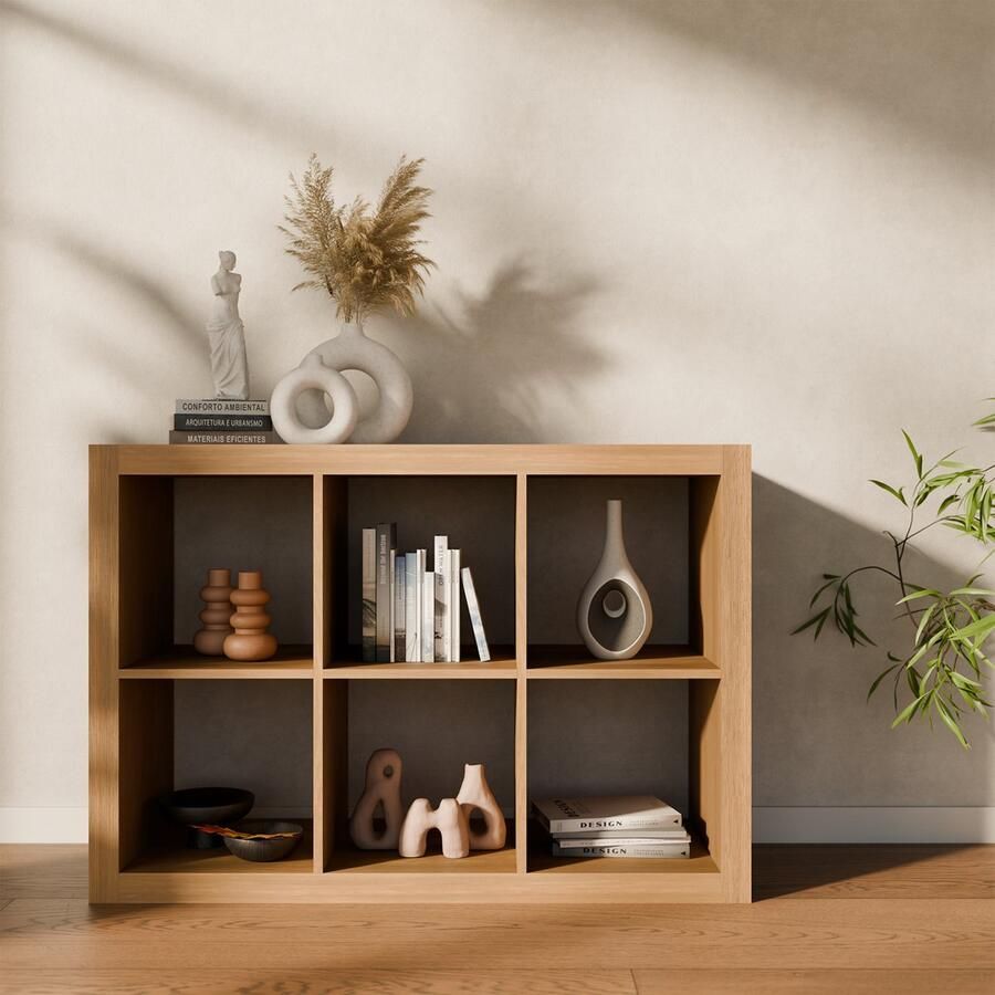 Sweeek Boekenkast met 6 vakken op 2 niveaus b 111 2 x d 39 x h 76cm