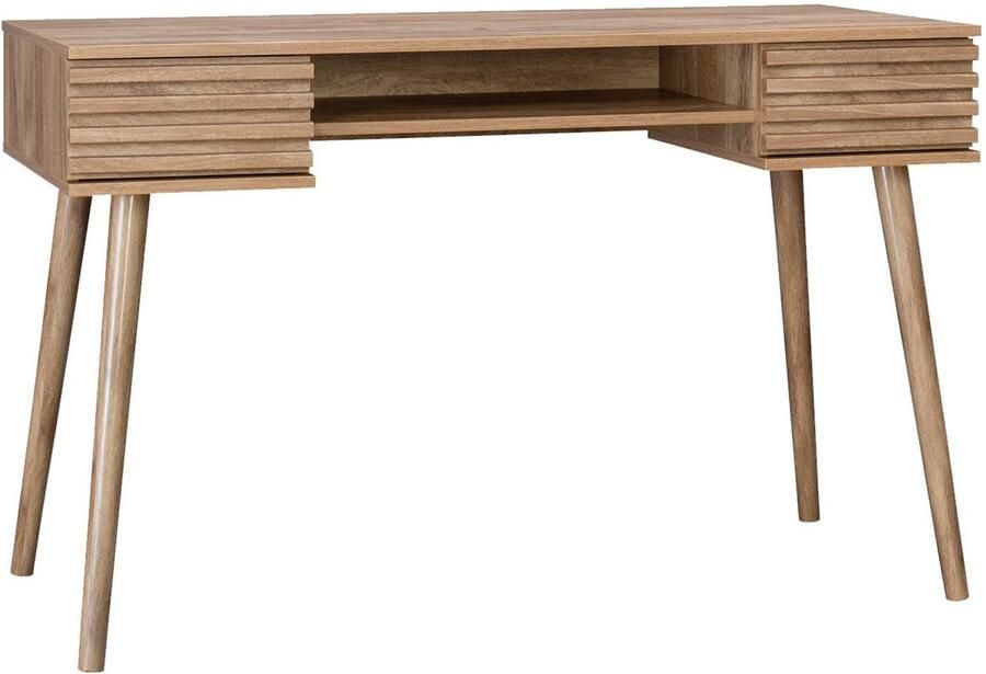 Sweeek Bureau met houteffect 2 lades madere 1 kastje geribbelde voorkant 120 x 55 x 76 5 cm