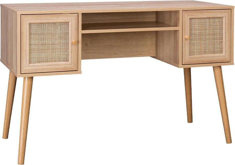 Sweeek Cannage bureau en decor hout met 2 deuren 1 open vak kompas poten