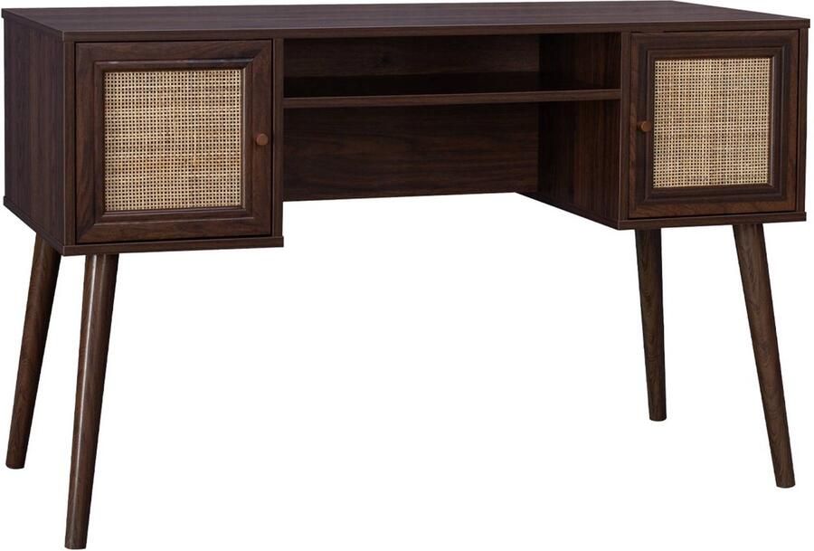 Sweeek Cannage bureau en decor hout met 2 deuren 1 open vak kompas poten