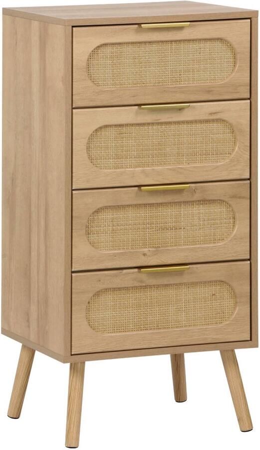 Sweeek Commode chiffonnier hout effect en rotan 4 lades naturel handgreep in goudkleurig metaal l 48 x p 39 5 x h 96 cm eva
