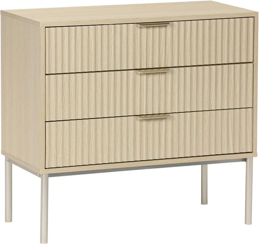 Sweeek Commode van champagnekleurig metaal met gegroefd houteffect 3 laden