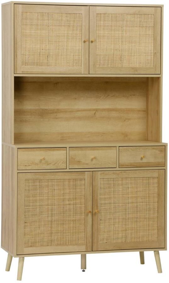 Sweeek Dressoir bohème decor hout en rotan 4 deuren 3 laden 110 cm natuurlijk poten van dennehout met papierafwerking