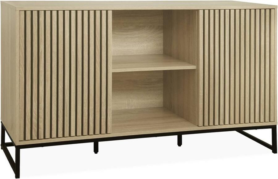 Sweeek Dressoir in moderne stijl met 2 deuren in gegroefd houteffect druksysteem zwart metalen poten l 140