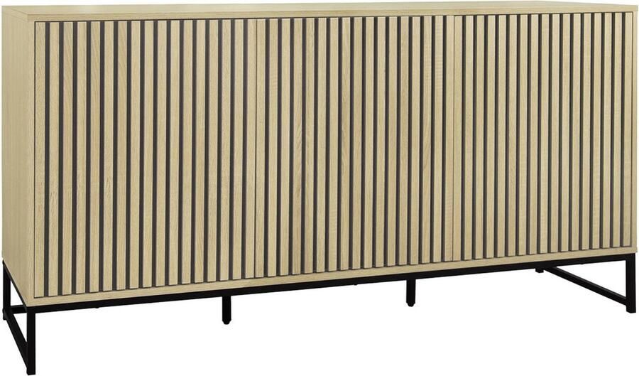 Sweeek Dressoir in moderne stijl met 3 deuren in gegroefd houteffect druksysteem zwart metalen poten b 160