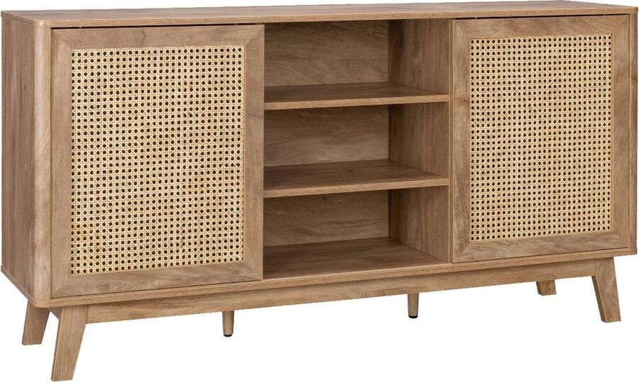 Sweeek Dressoir met 2 schuifdeuren en legplanken houteffect en rietmotief 150cm