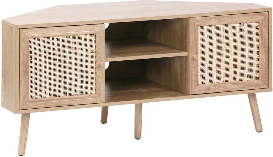 Sweeek Hoek-tv-meubel in houtdecor en rotan 2 deuren 1 plank 115 cm