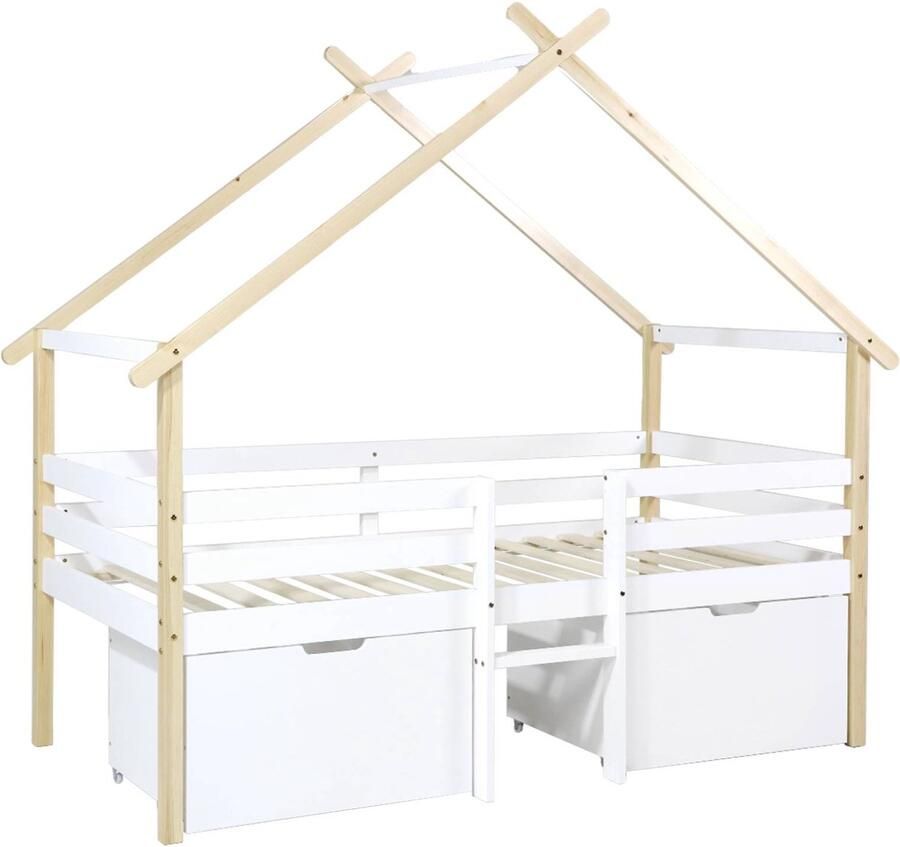 Sweeek Kinderbed 90 x 190 cm wit grenenhout lattenbodem inbegrepen en 2 lades sienna