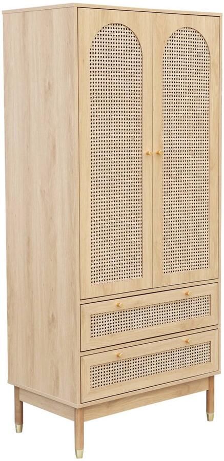 Sweeek Kledingkast judith 2 deuren 2 lades rotan handgrepen en poten met een gouden afwerking 80 x 50 x 180 cm