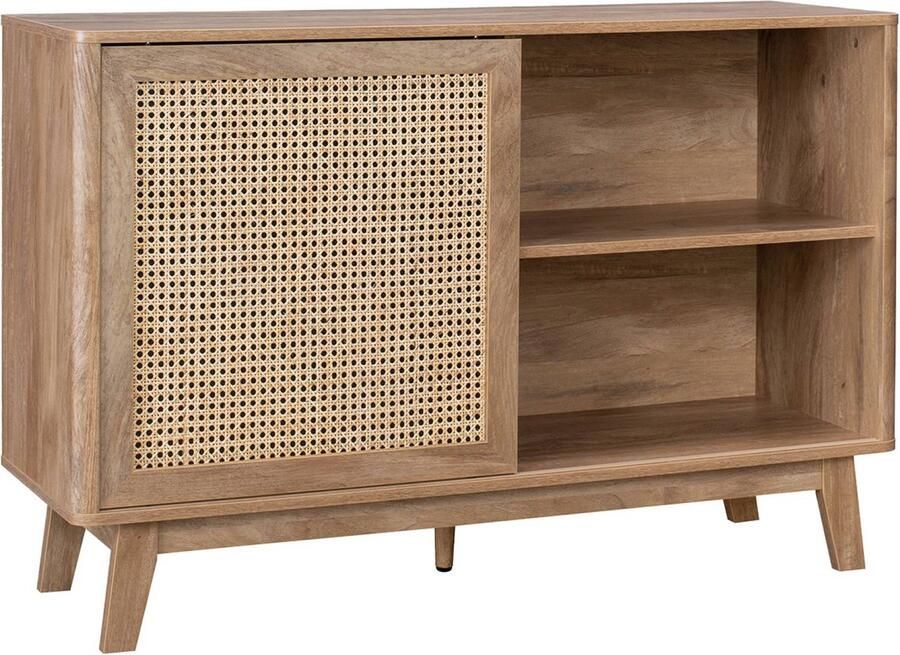 Sweeek Klein dressoir met 1 schuifdeur en legplanken houteffect en rietdetail 120cm