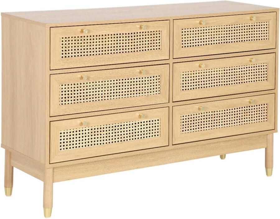Sweeek Ladekast dressoir houteffect en vlechtwerk 6 laden 120 x 40 x 80cm judith