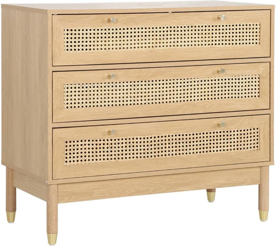 Sweeek Ladekast houteffect en vlechtwerk 3 laden 90 x 40 x 80 cm judith