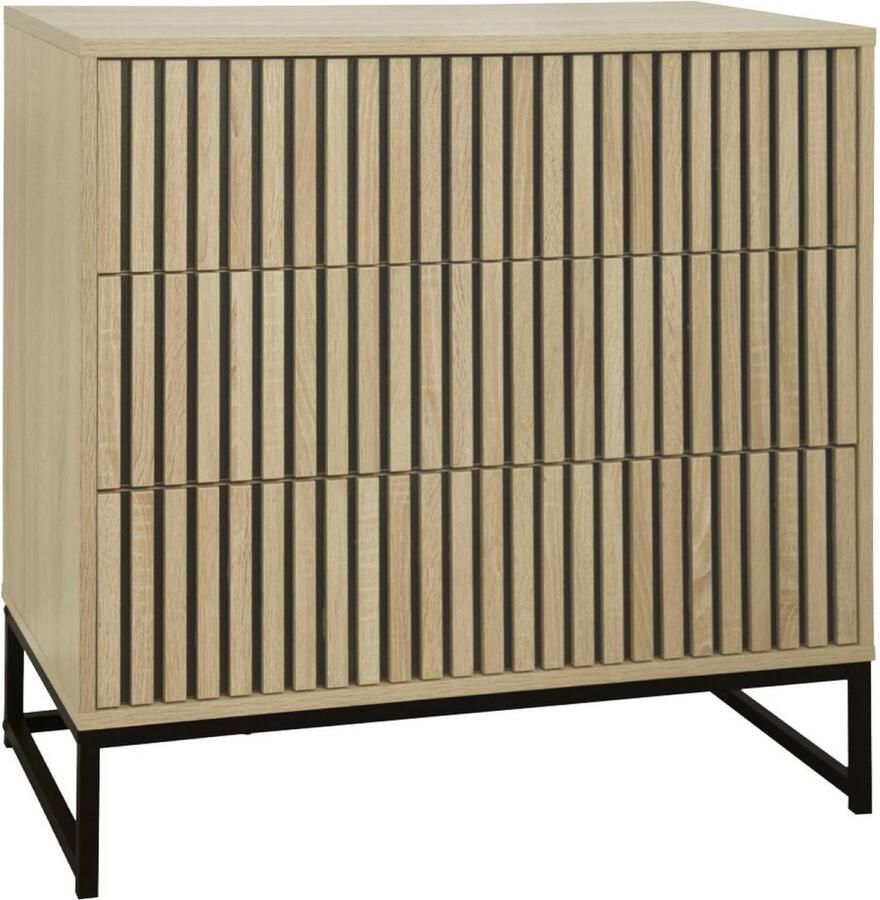 Sweeek Ladekast in moderne stijl met 3 laden gegroefd houtdecor (press-to-open systeem) zwarte metalen poten