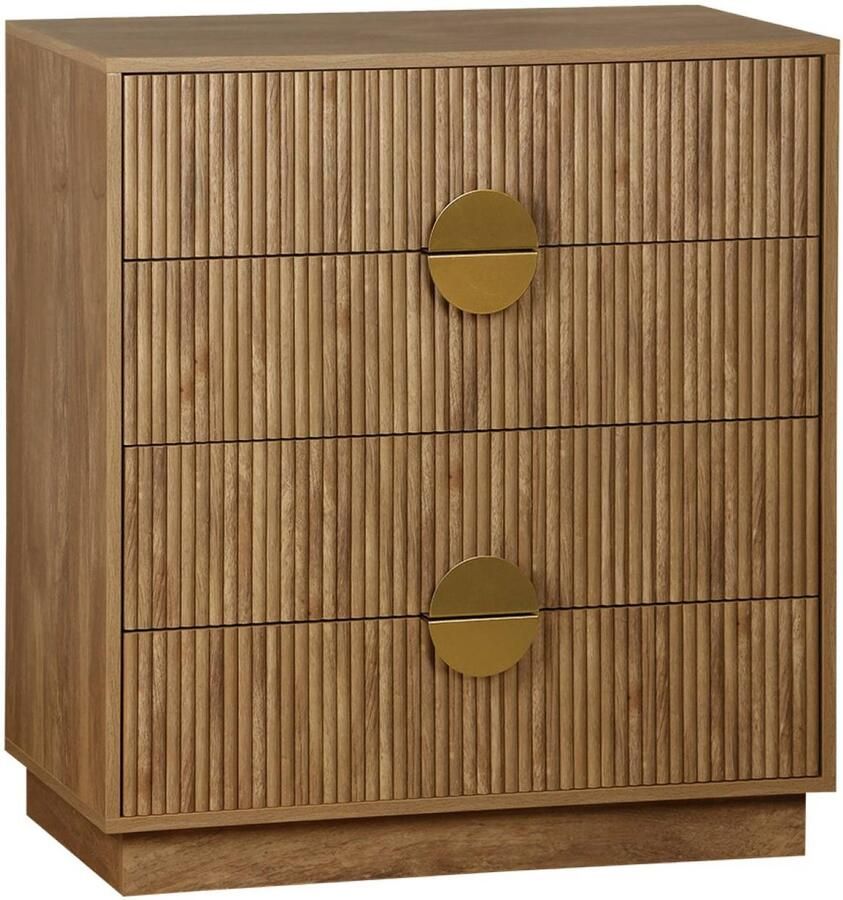 Sweeek Ladekast met 4 laden gegroefd mangohout effect vergulde metalen handgrepen b80 x d40 x h85cm