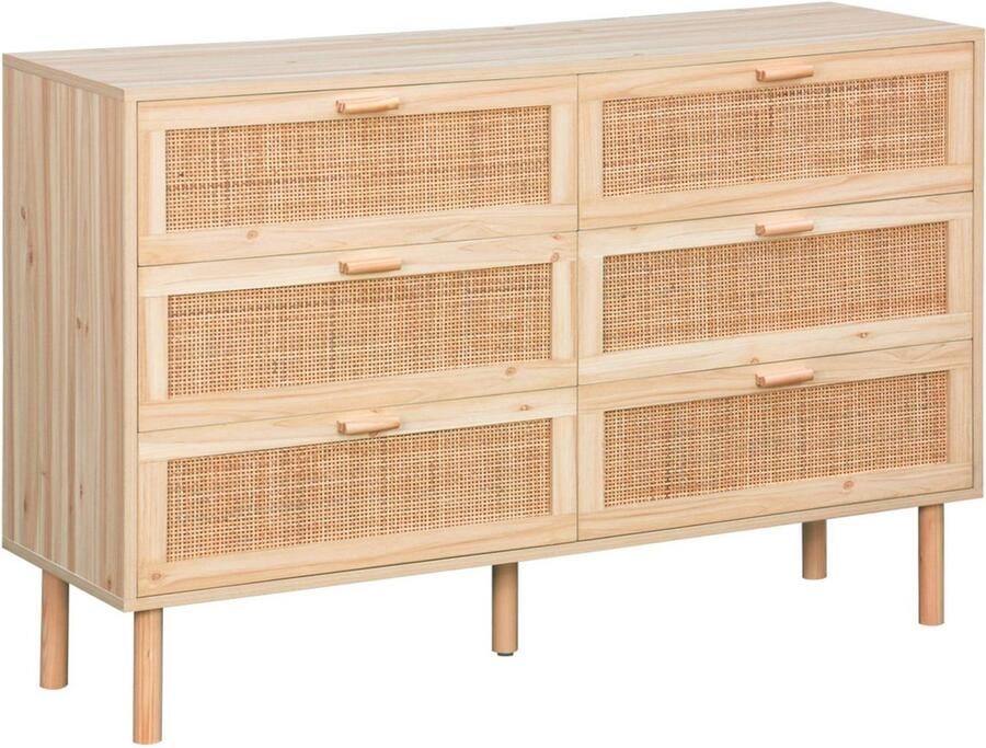 Sweeek Ladekast met 6 lades rotan en houteffect poten en handgrepen van dennenhout