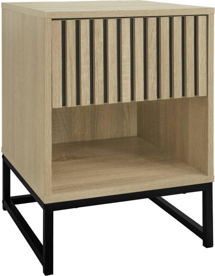 Sweeek Nachtkastje in moderne stijl met 1 gegroefde lade met houteffect (press-to-open systeem) en 1 nis onderstel van zwart metaal