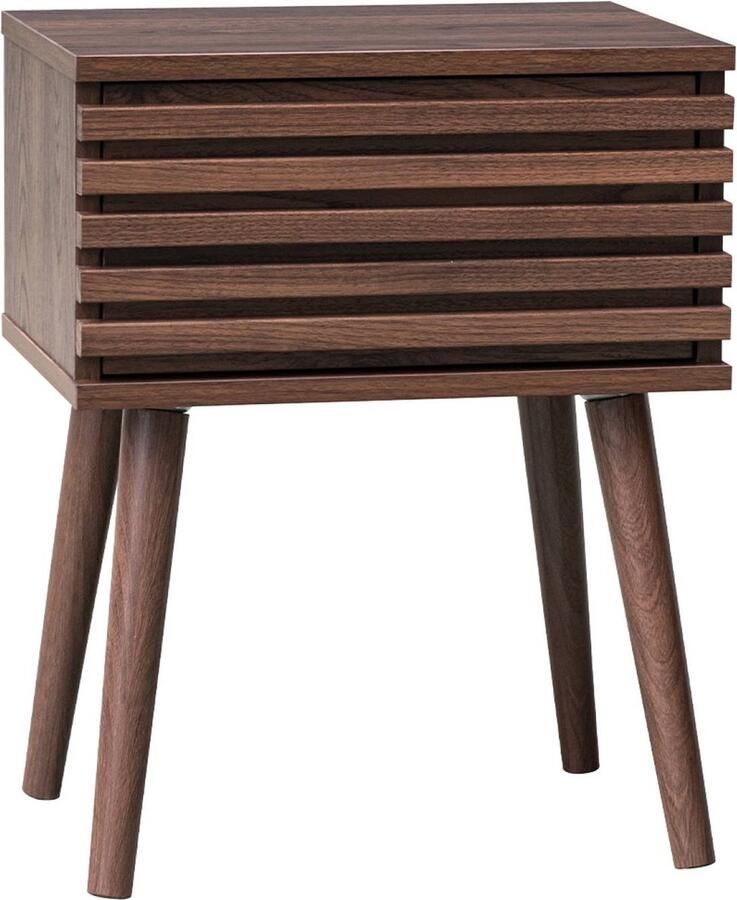 Sweeek Nachtkastje in scandinavische stijl met houtdecor gegroefde lade en kompaspoten