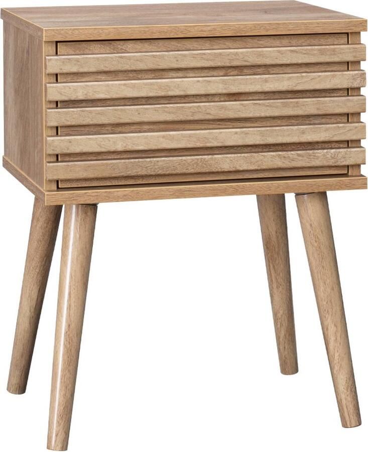 Sweeek Nachtkastje in scandinavische stijl met houtdecor gegroefde lade en kompaspoten