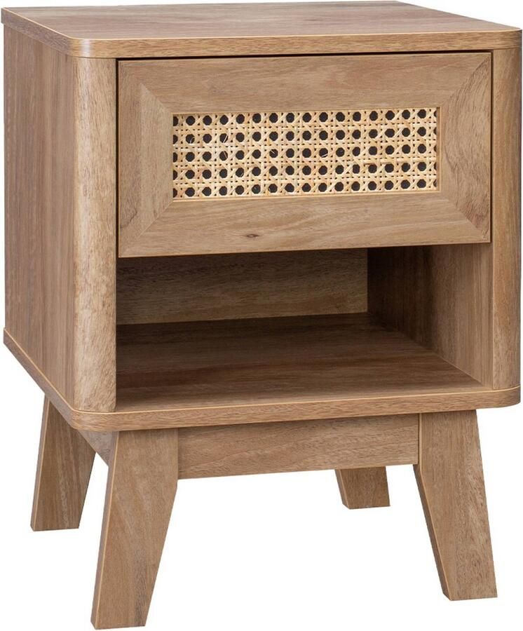 Sweeek Nachtkastje met 1 lade en 1 vak hout- en rieteffect eucalyptuspoten