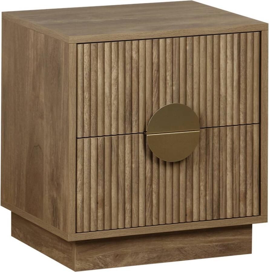 Sweeek Nachtkastje met 2 laden in mangohout met gegroefd effect met vergulde metalen handgrepen b42 x d38 x h50cm