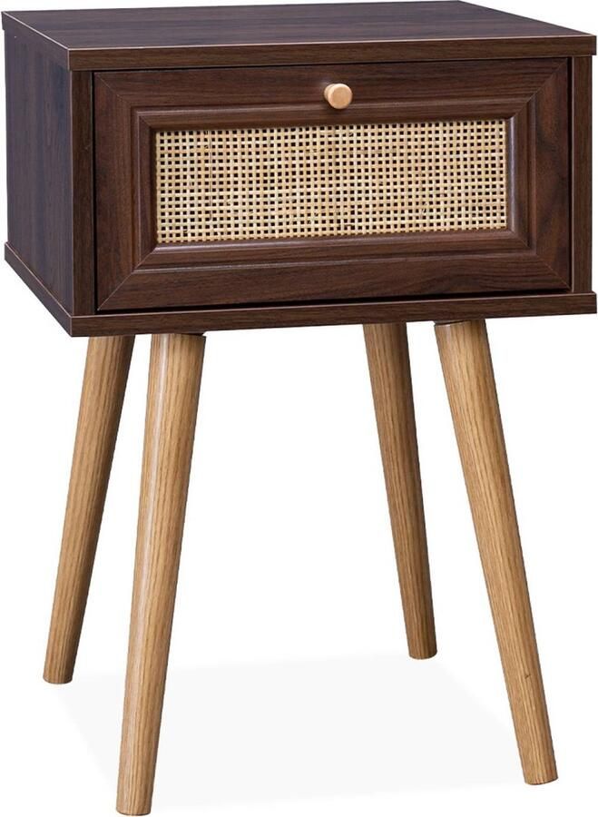 Sweeek Nachtkastje met hout- en rietmotief en 1 lade bohème