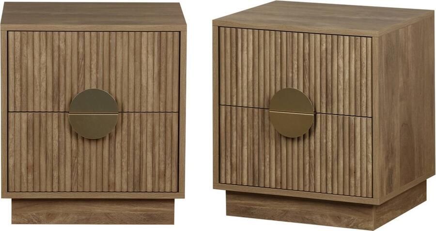 Sweeek Nachtkastje met mangohoutmotief en 2 laden vergulde metalen handgrepen b42 x d38 x h50cm (set van 2)