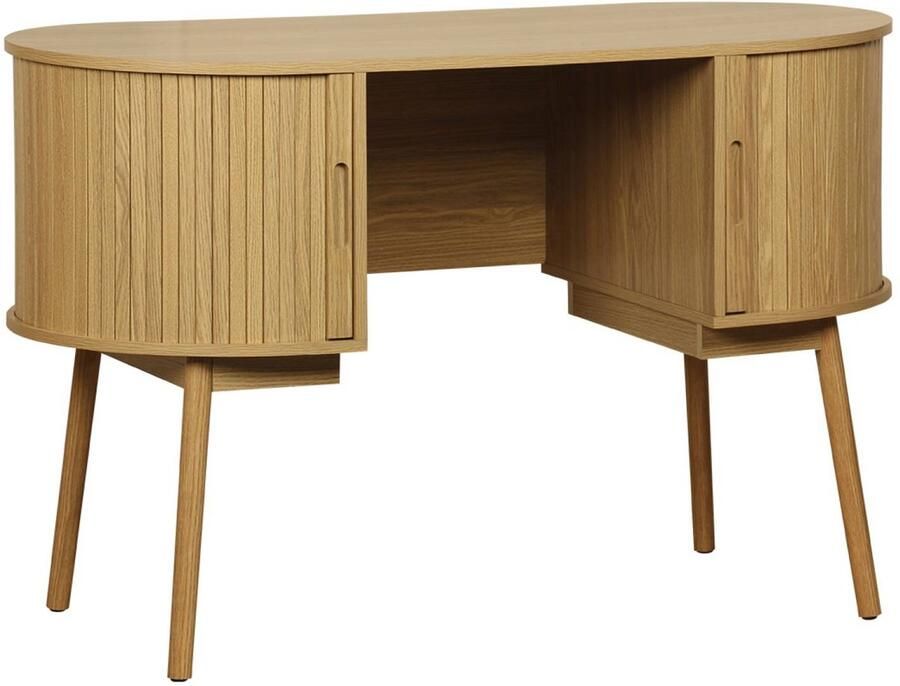 Sweeek Ovaal bureau met gegroefd houteffect en twee opbergruimtes l 120cm x b 55 x h 77 cm legacy