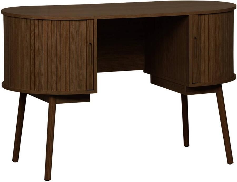 Sweeek Ovaal bureau met gegroefd houteffect en twee opbergruimtes l 120cm x b 55 x h 77 cm legacy