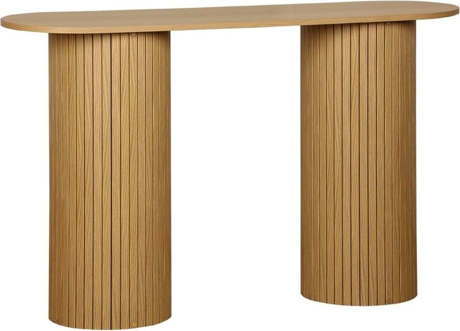 Sweeek Scandinavische ovale sidetable met gegroefd houteffect ronde poten natuurlijke kleur b 120 x d 35 x h 75cm