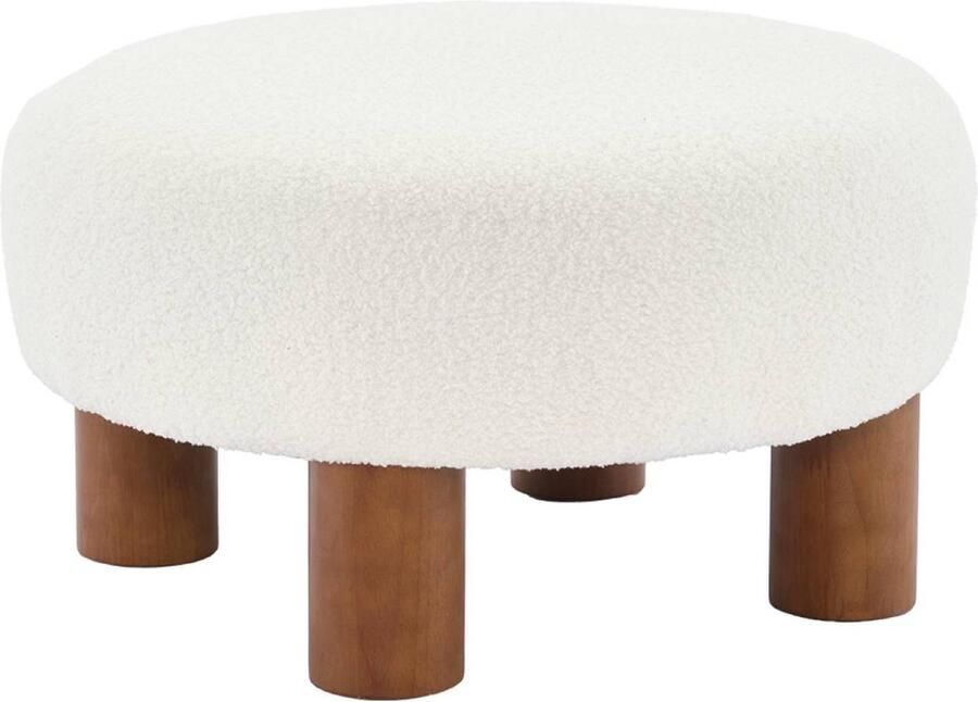 Sweeek Poef kruk heveahouten poten en wit boucléstof