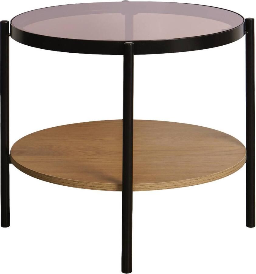 Sweeek Ronde salontafel bijzettafel 52 x 52 cm met hout- en metaaleffect zwart 2 tafelbladen waarvan één in gehard glas