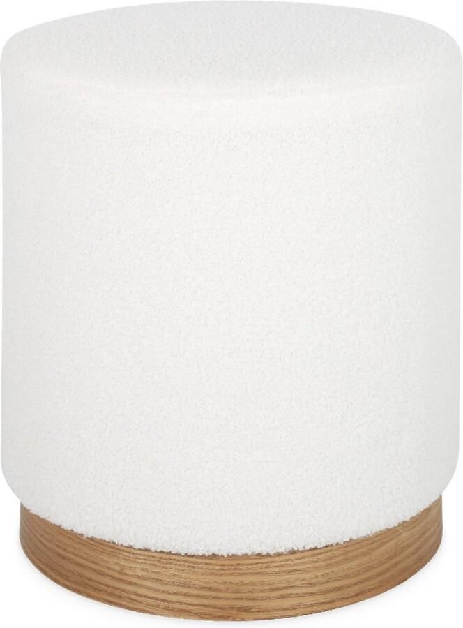 Sweeek Rond scandinavisch krukje met witte krullen en dennenhouten frame ø40 x h 45cm