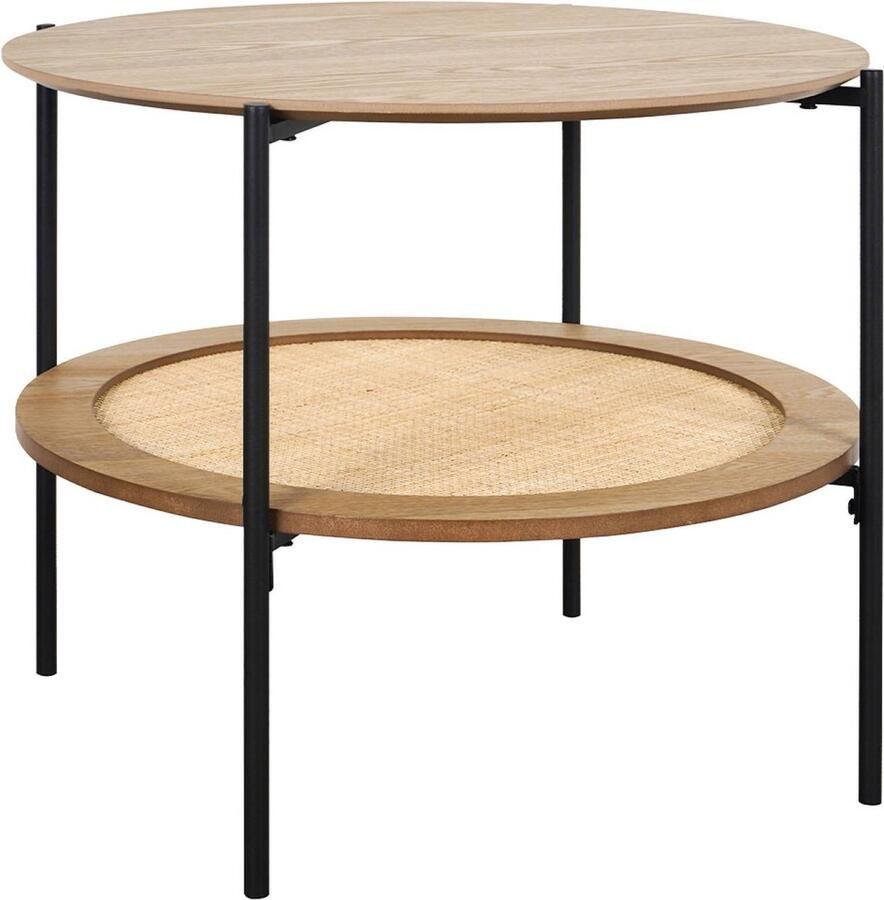 Sweeek Salontafel vintage met dubbel tafelblad in houtlook en vlechtwerk met metalen onderstel en zwart frame