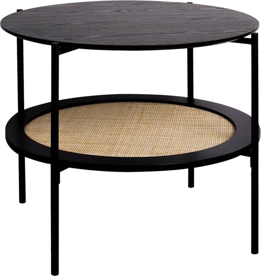 Sweeek Salontafel vintage met dubbel tafelblad in houtlook en vlechtwerk met metalen onderstel en zwart frame