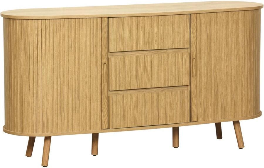 Sweeek Scandinavisch ovaal dressoir in geribbeld houteffect 2 schuifdeuren met 4 compartimenten en 3 laden l 150 x b 40 x h 79cm legacy
