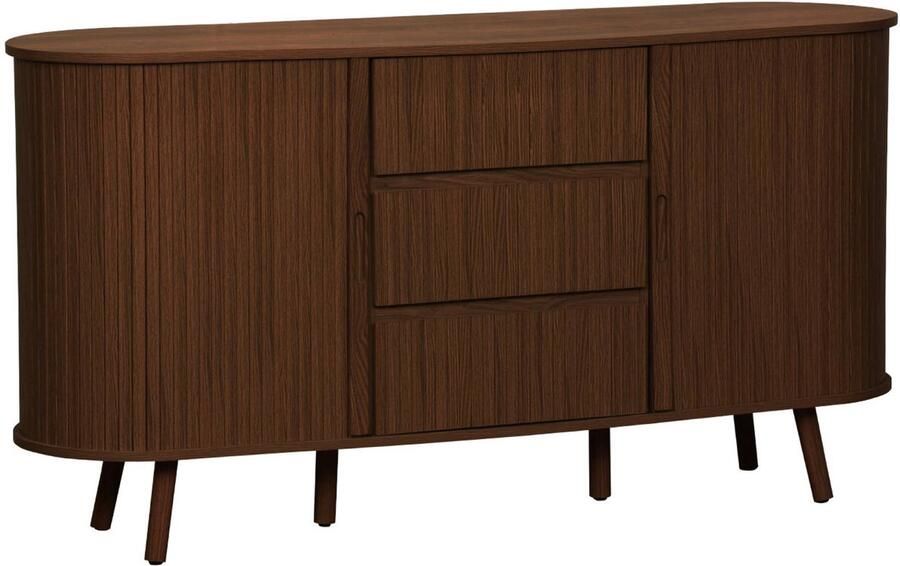 Sweeek Scandinavisch ovaal dressoir in geribbeld houteffect 2 schuifdeuren met 4 compartimenten en 3 laden l 150 x b 40 x h 79cm legacy