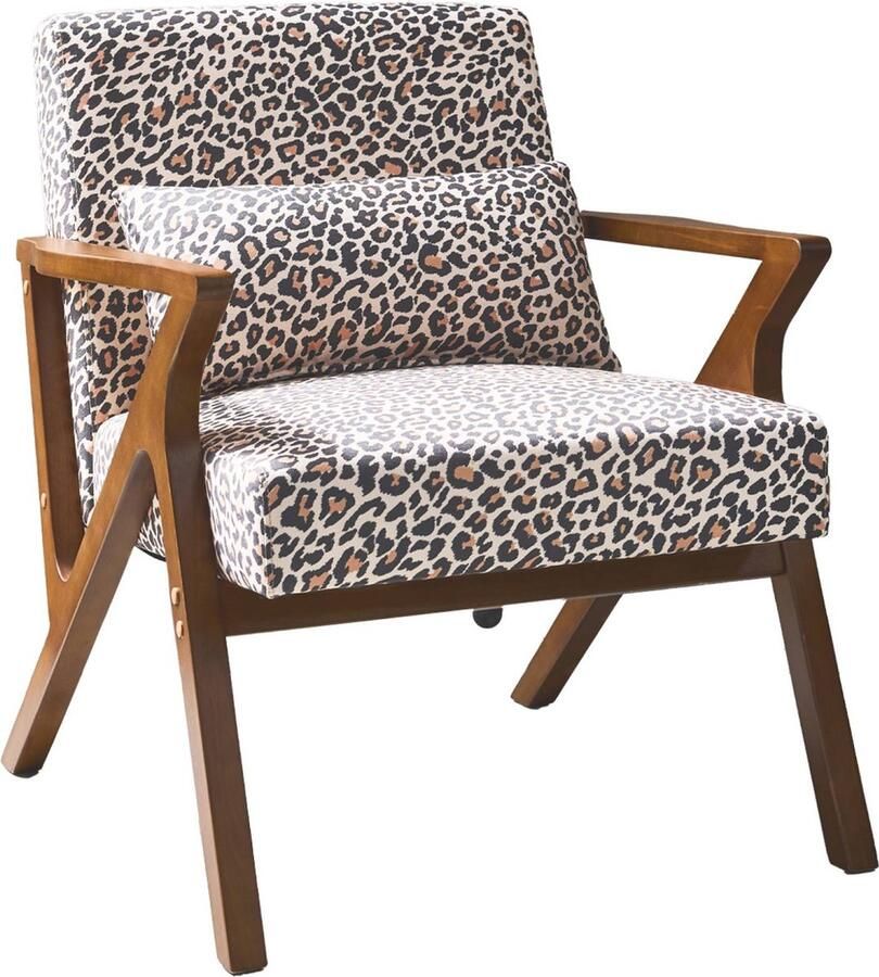 Sweeek Scandinavische fauteuil in heveahout en luipaardprint