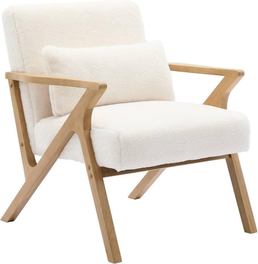 Sweeek Scandinavische fauteuil in heveahout en stof met imitatiebonteffect